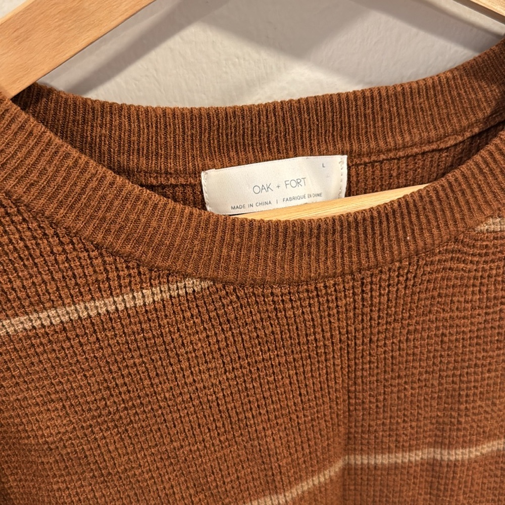 OAK + FORT Women’s Tan Brown Striped Crewneck Knit Sweater Size L - Picture 2 of 4